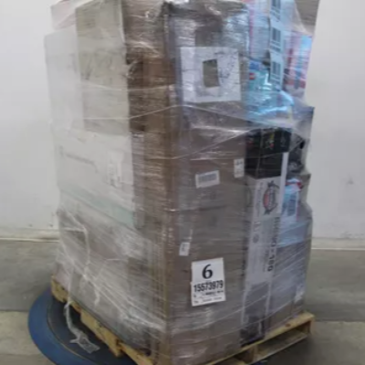 Stack of pallets with wrapped items and labels in a warehouse setting